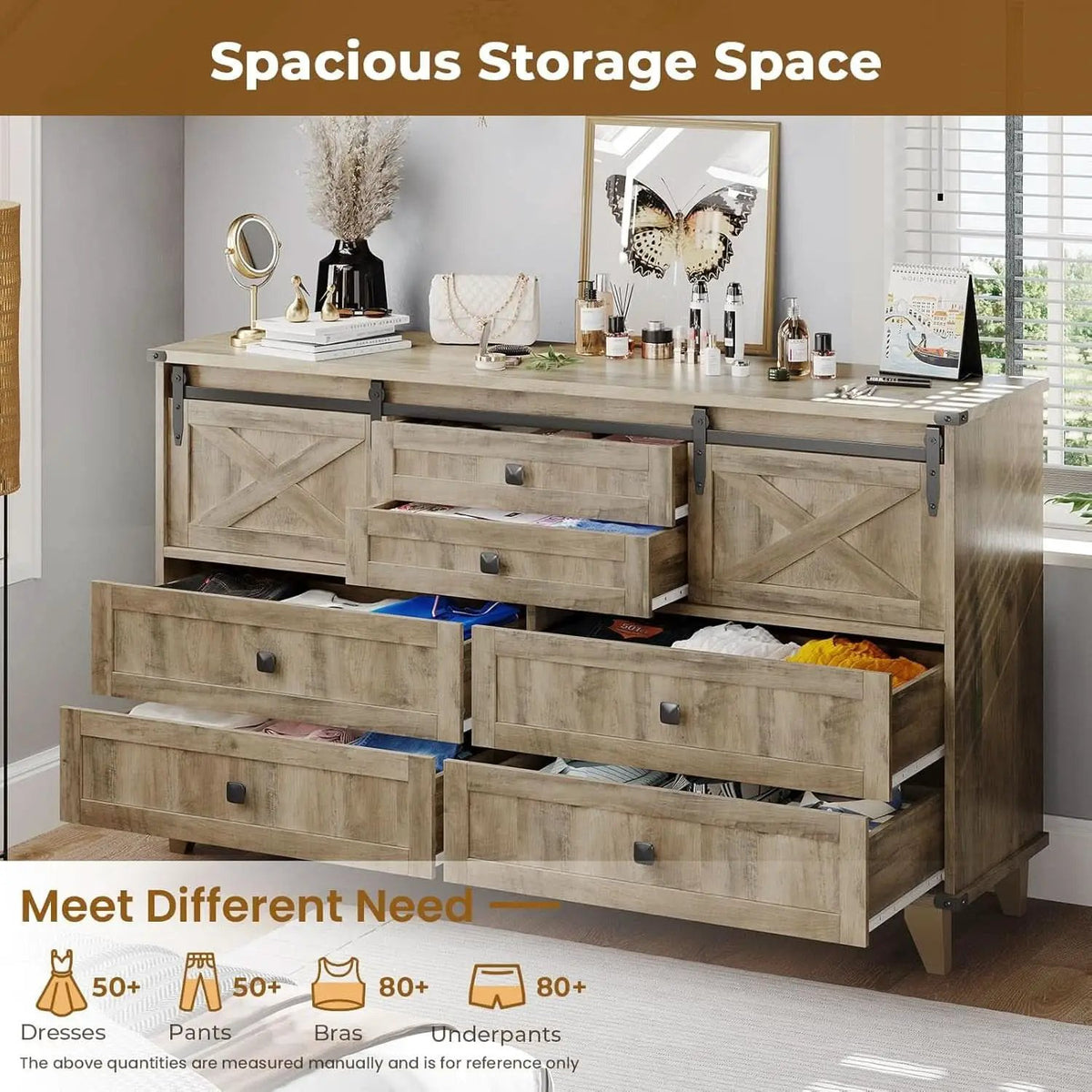 Six Drawer Dresser Rustic Oakwood Sliding BarnDoor from PriceLows™
