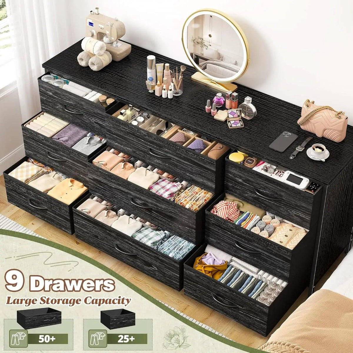 Dresser TV Stand for 60 Inch TV, 9 Drawer, Charcoal Black from PriceLows™
