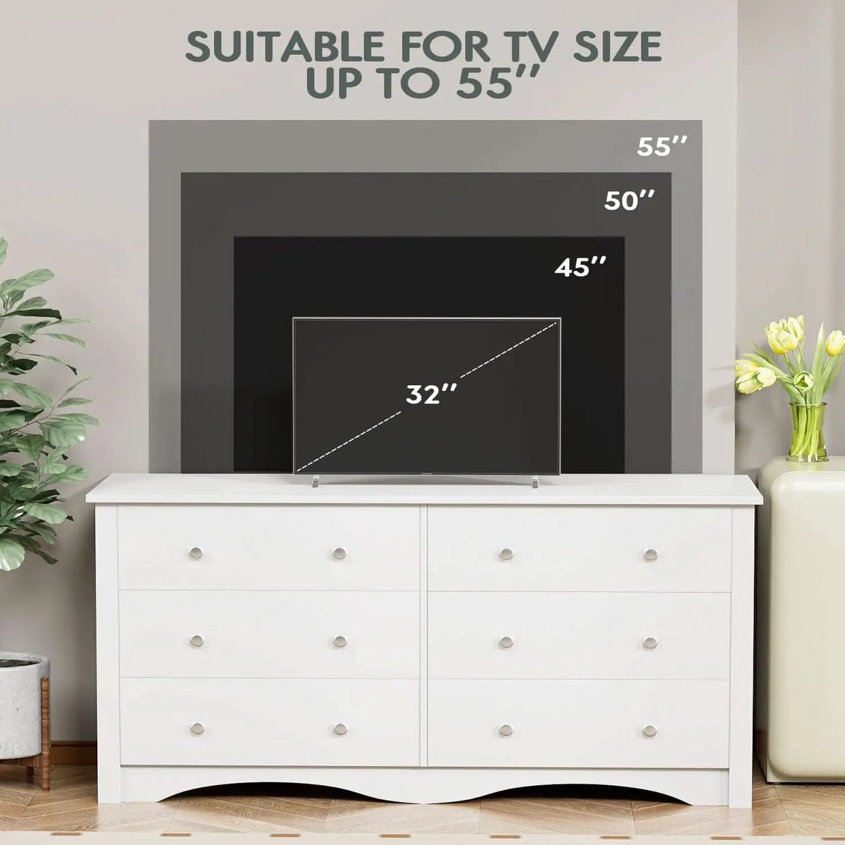 Dresser With 6 Drawers And TV Stand White Wood Storage from PriceLows™