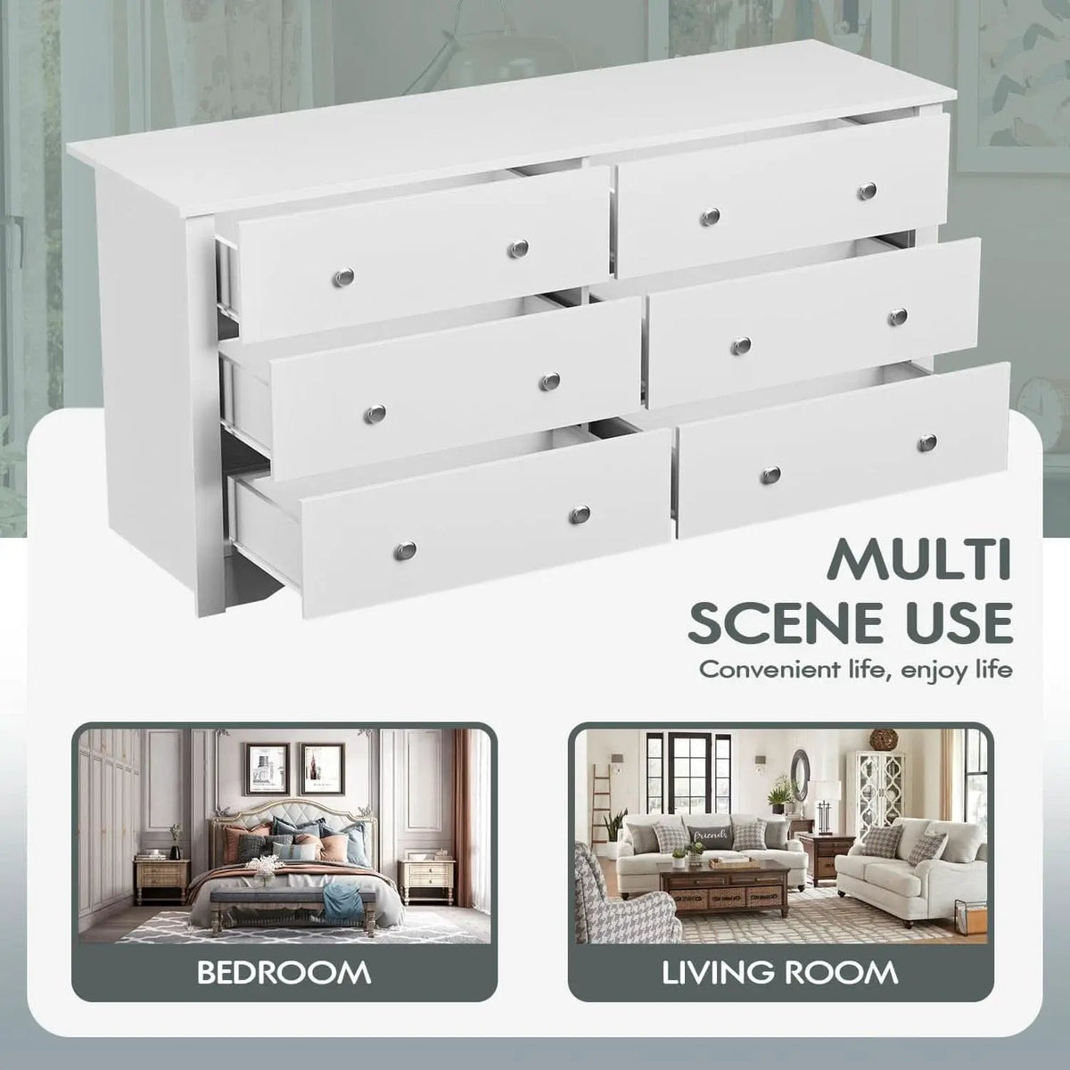 Dresser With 6 Drawers And TV Stand White Wood Storage from PriceLows™