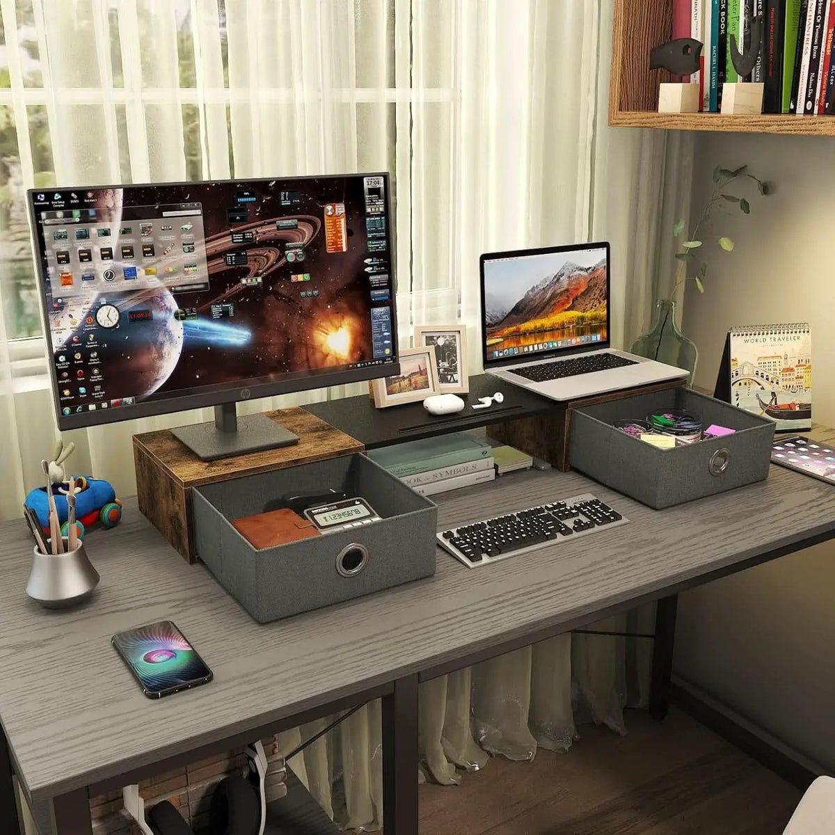 Dual Monitor Stand Riser For Two Monitors With Two Drawers from PriceLows™