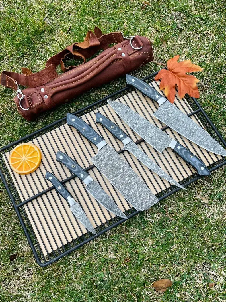 Luxury Custom Handmade Damascus Steel 5 Piece Kitchen Knife Set with G10 Handle | 5-Piece | Damascus Steel | Kitchen Knives Set
