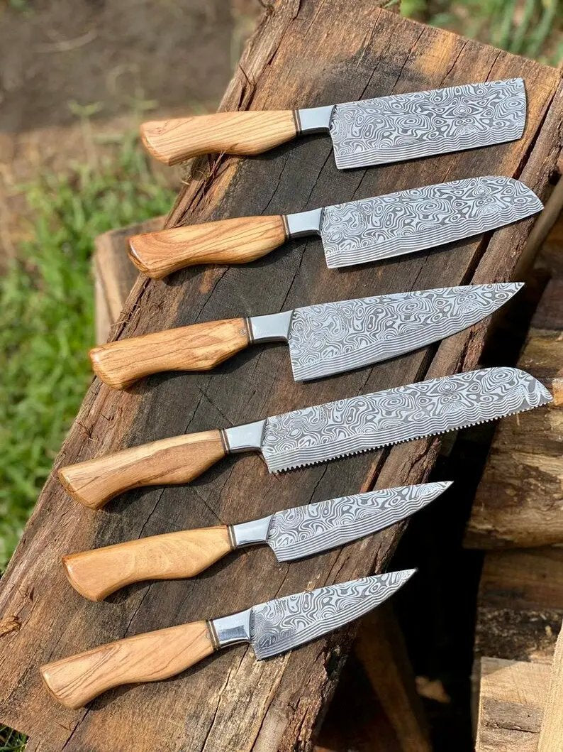 Sharp Kitchen Knife Set – 13" Damascus Steel Blade, Olivewood Handle & Leather Sheath from PriceLows™