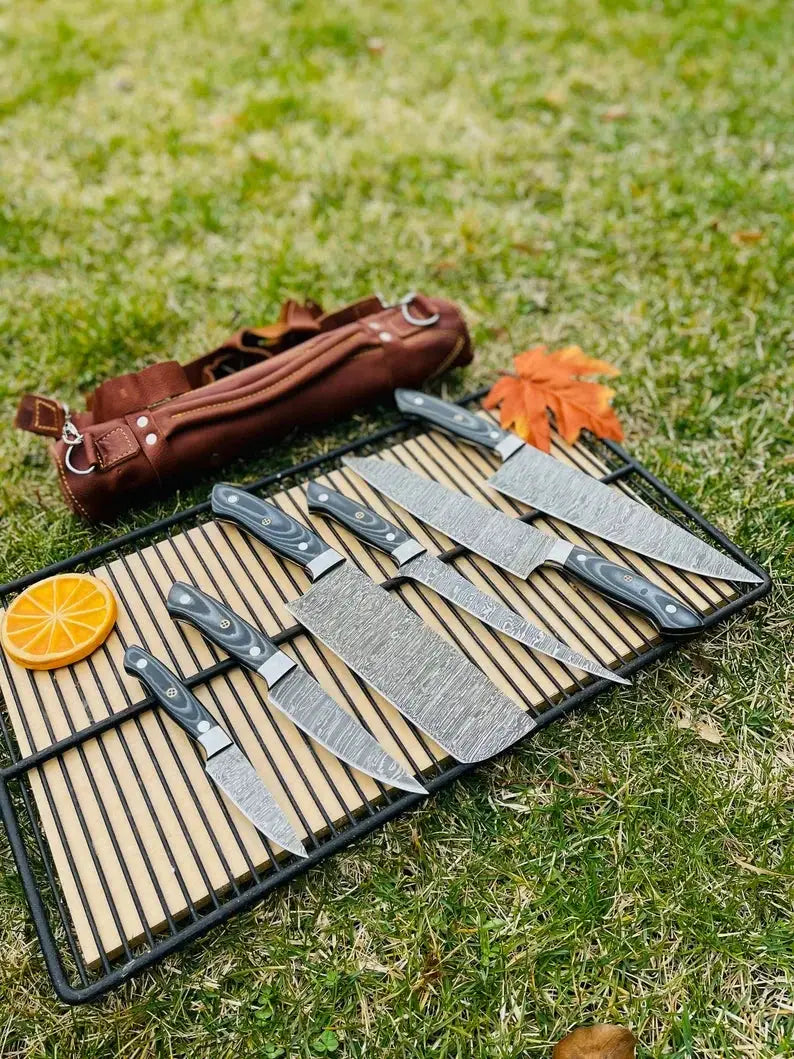Luxury Custom Handmade Damascus Steel 5 Piece Kitchen Knife Set with G10 Handle | 5-Piece | Damascus Steel | Kitchen Knives Set