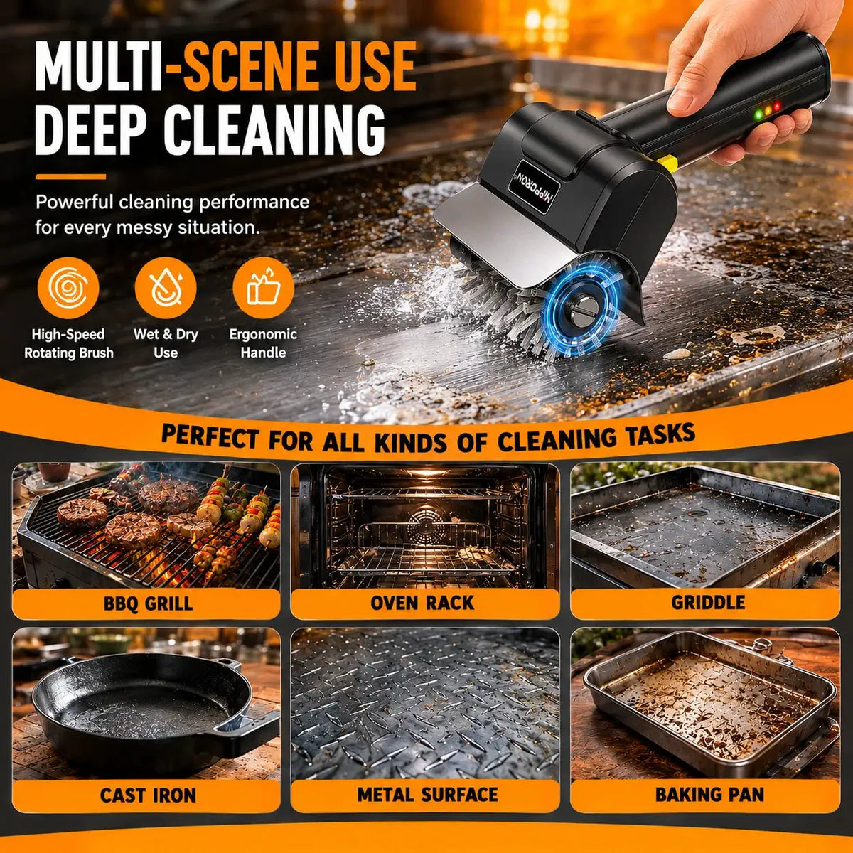 Electric Grill Brush | Rechargeable | 1100 RPM | 304 Stainless Steel