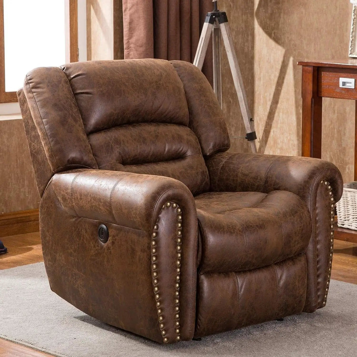 Electric Power Recliner Pair Nut Brown Leather With USB Port from PriceLows™