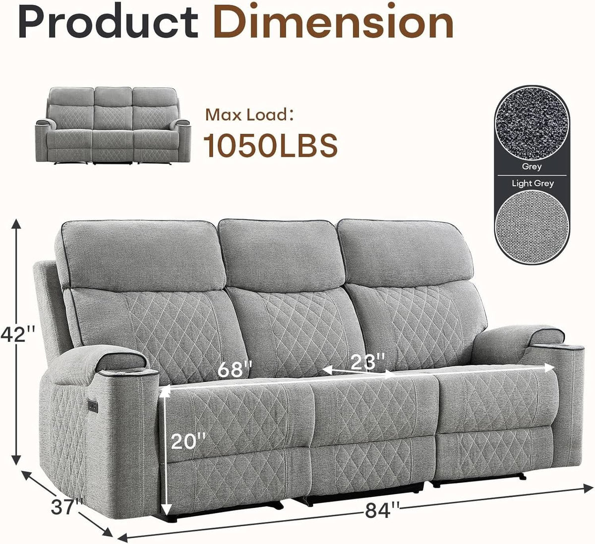 Electric Recliner Sofa USB Type C Ports Light Grey from PriceLows™