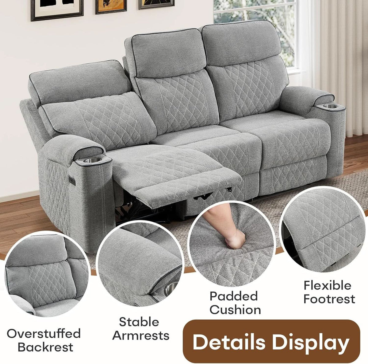 Electric Recliner Sofa USB Type C Ports Light Grey from PriceLows™