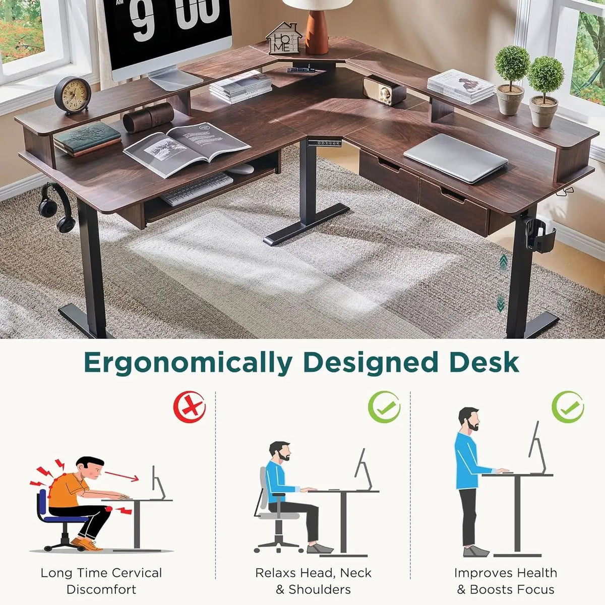 60 Inch Elevated Electric Standing Desk Dark Walnut from PriceLows™