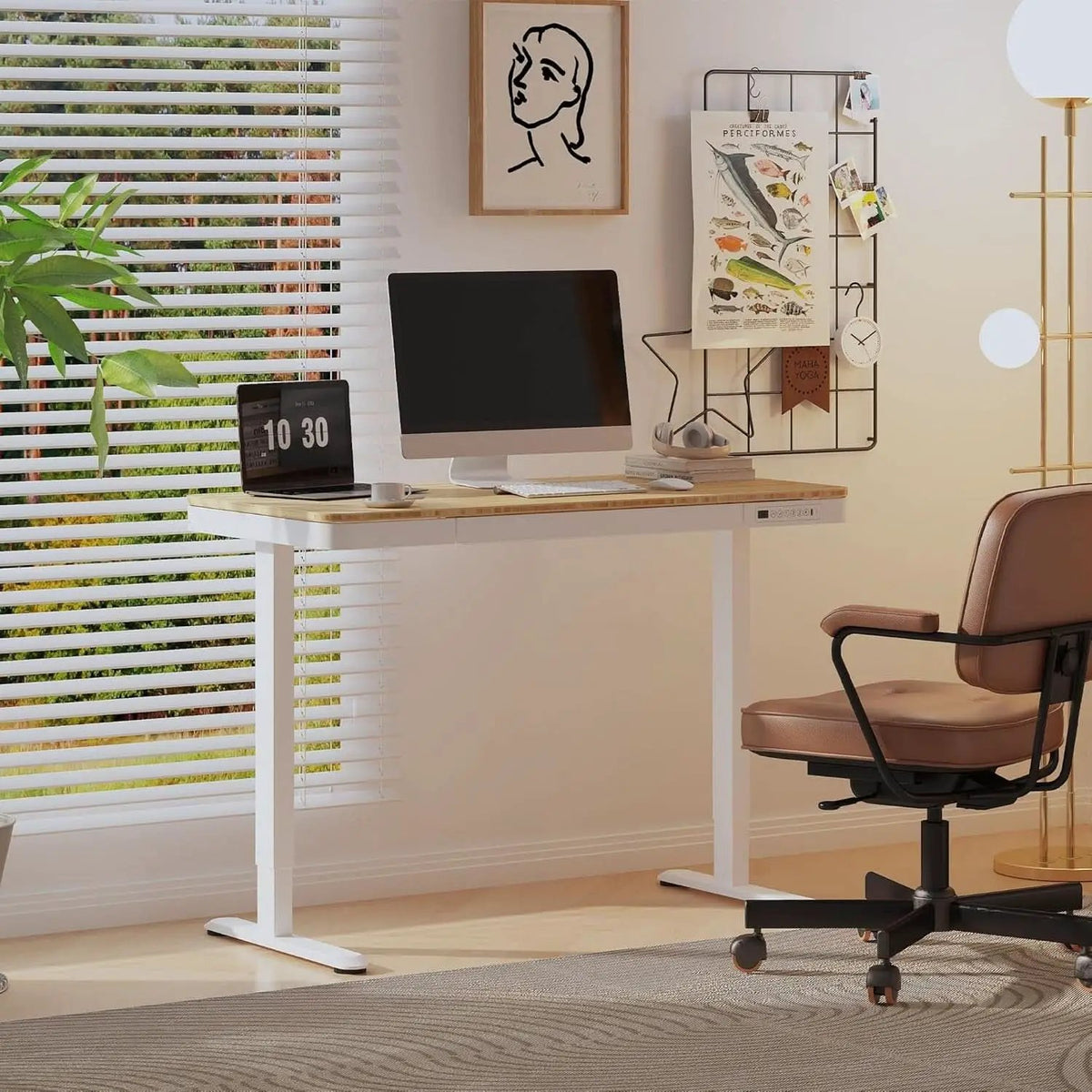 Electric Standing Desk USB Ports And Drawer Bamboo White from PriceLows™