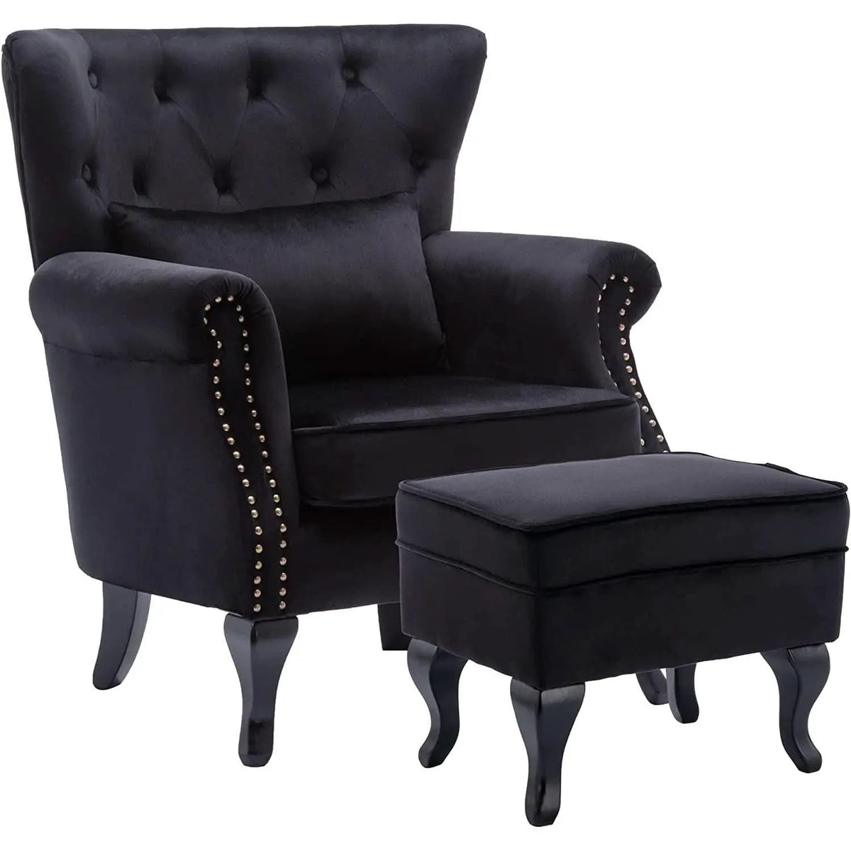 Elegant Black Velvet Wingback Chair With Ottoman Set from PriceLows™