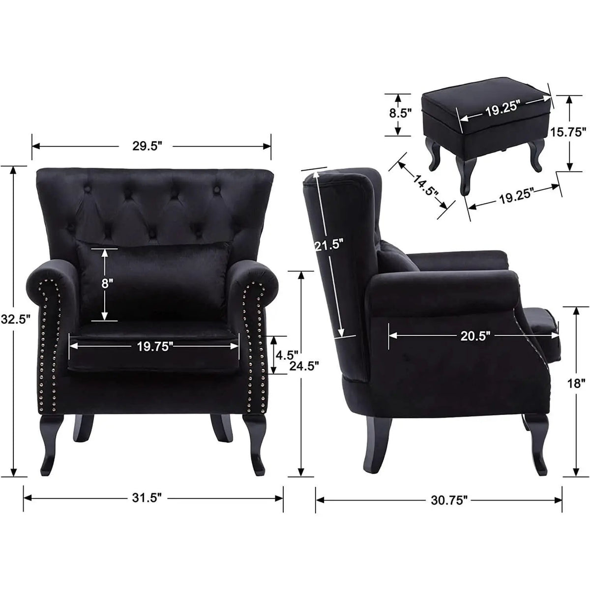 Elegant Black Velvet Wingback Chair With Ottoman Set from PriceLows™