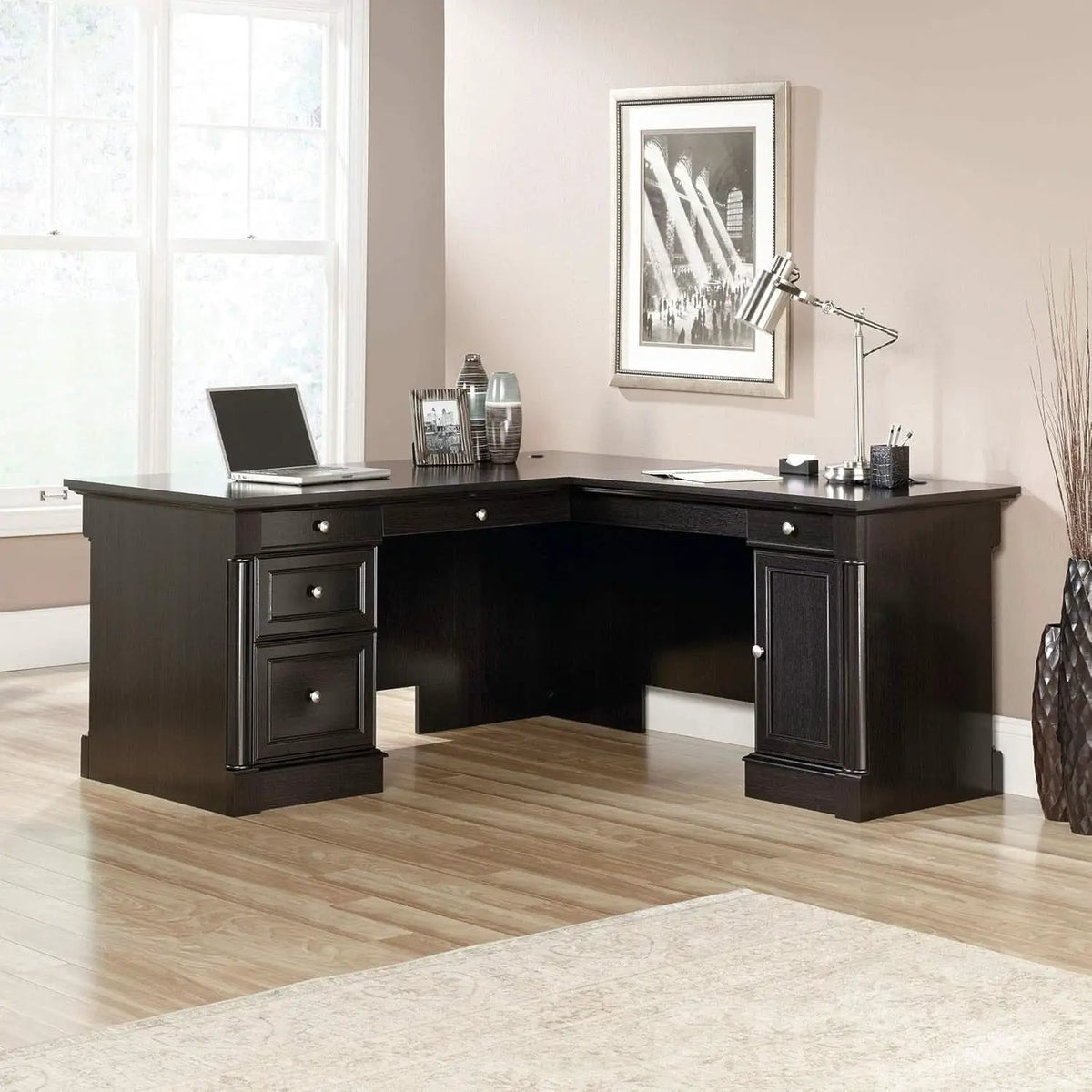 Elegant L-Shaped Desk with Spacious Surface in Wind Oak from PriceLows™