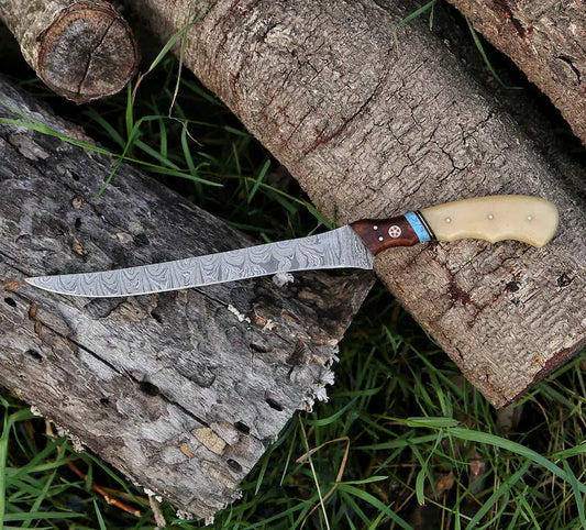 Custom Handmade Damascus Steel Fishing Fillet Knife 13" Blade with Camel Bone and | 13 Inch | Damascus Steel | Home