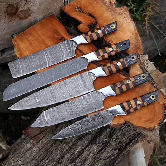 Elite Custom Handmade Forged Damascus Steel Chef Knife Set Rosewood & Olive Wood | 13 Inch | Damascus Steel | Kitchen Knives Set