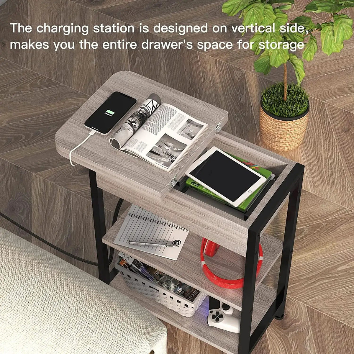 End Table With Vertical Charging Station And USB Outlets Greige from PriceLows™