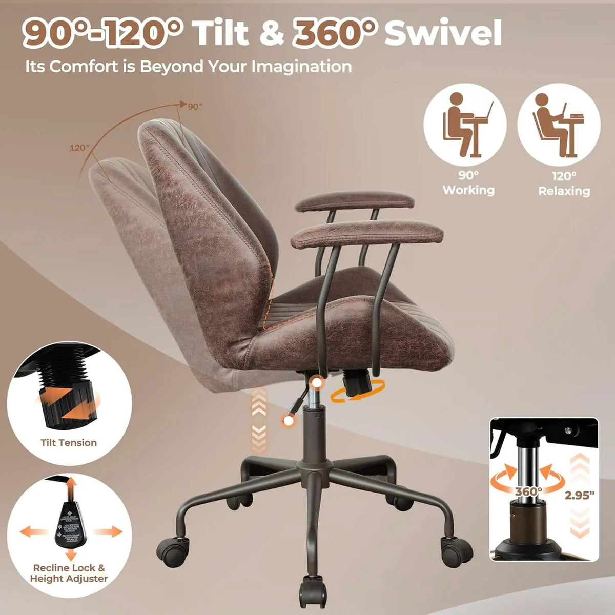 Ergonomic Leather Office Chair Dark Brown Mid Century Modern from PriceLows™