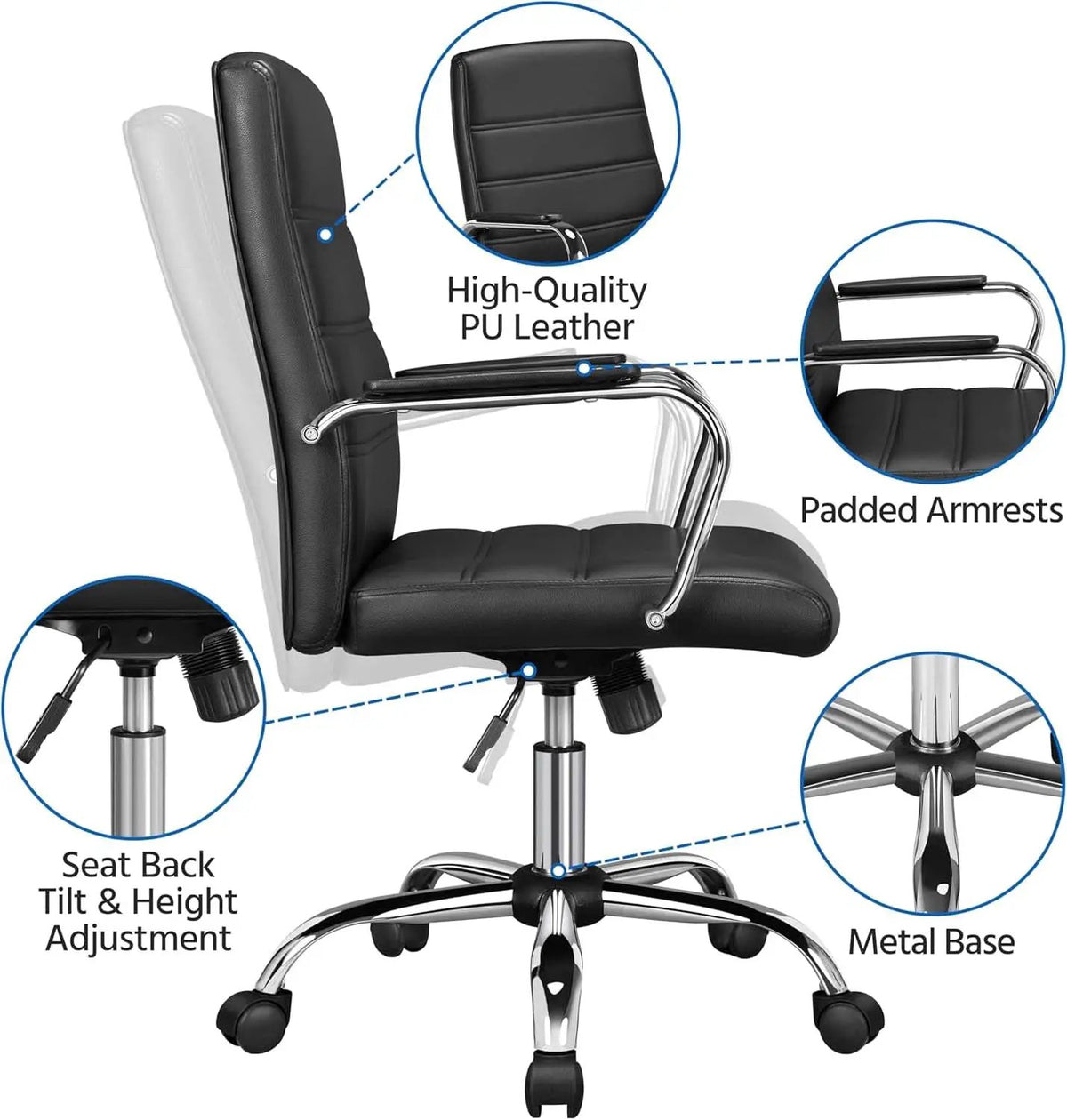 Ergonomic Mid Back Office Chair Black PU Leather With Lumbar Support from PriceLows™