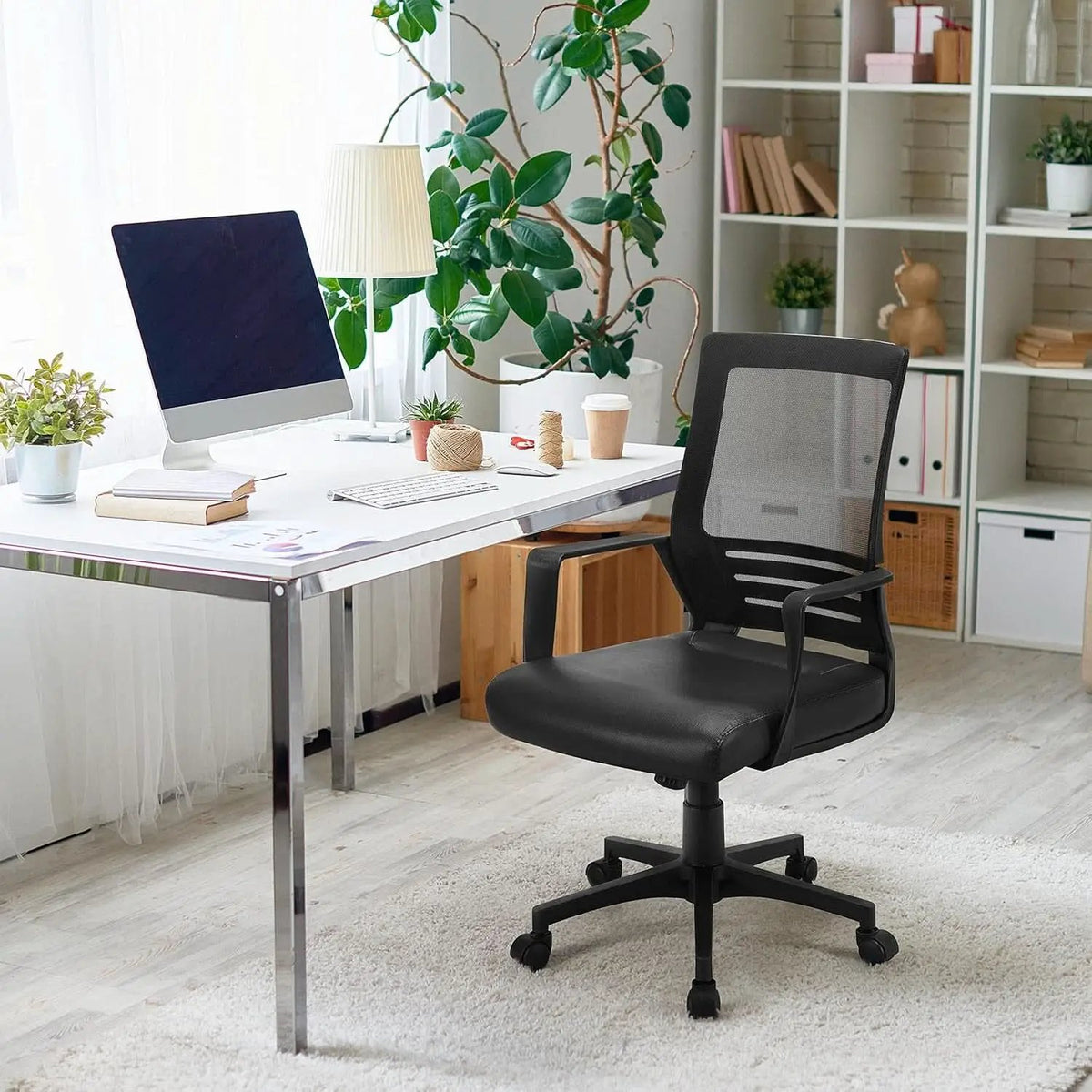 Ergonomic Office Chair Leather Seat Mesh Back Black With Lumbar Support from PriceLows™