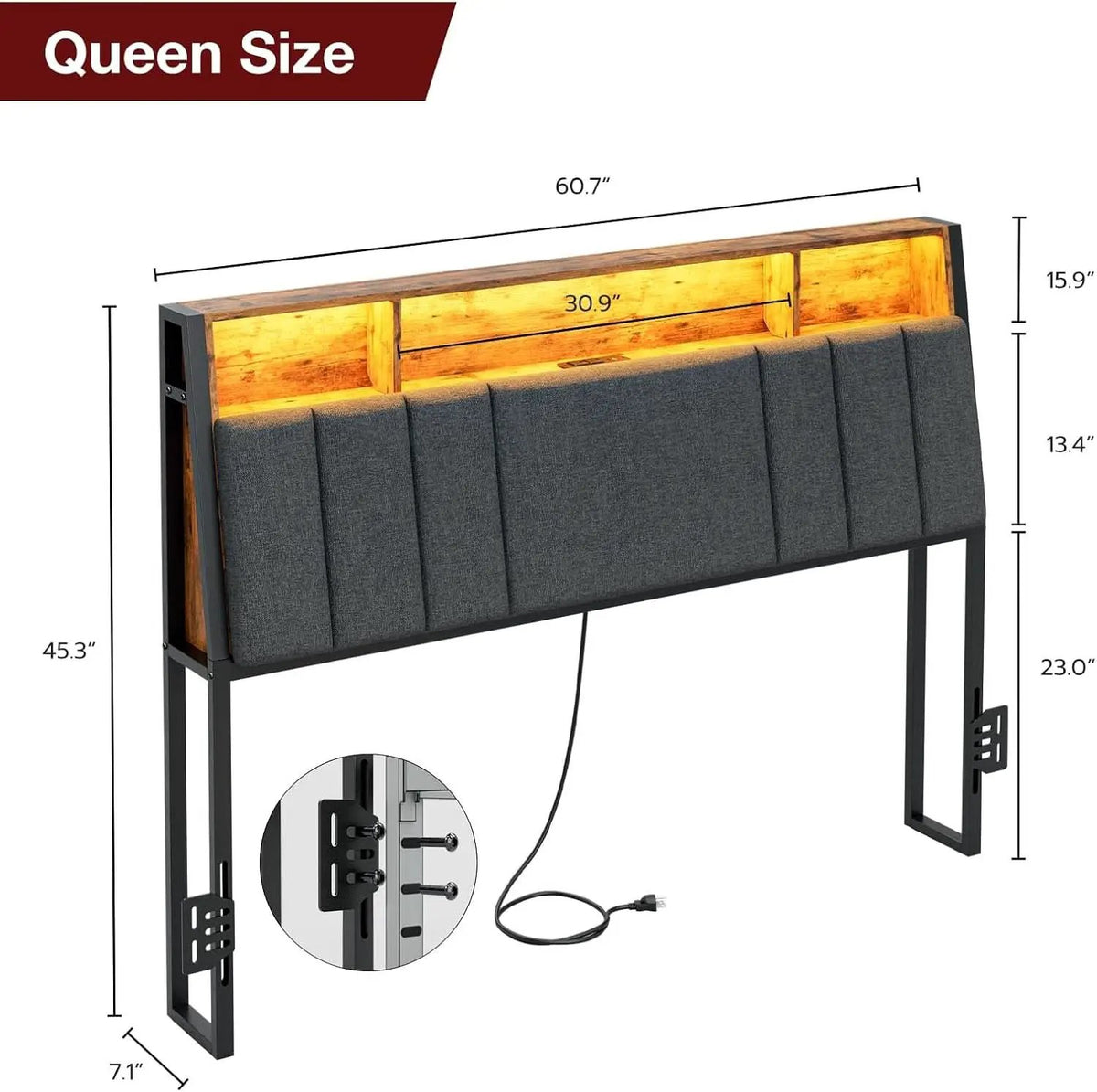 Ergonomic Queen Size Headboard with LED Lights Storage from PriceLows™