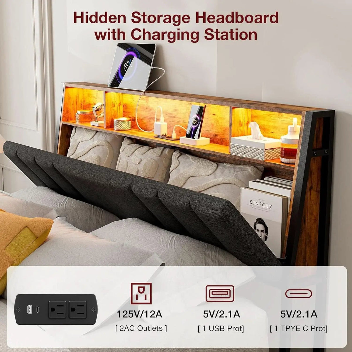 Ergonomic Queen Size Headboard with LED Lights Storage from PriceLows™