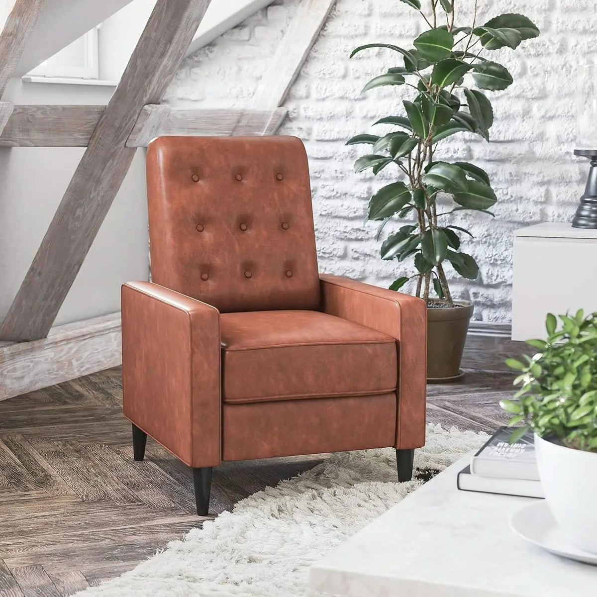 Erza Cognac Brown Leathersoft Pushback Mid Century Modern Recliner Chair from PriceLows™