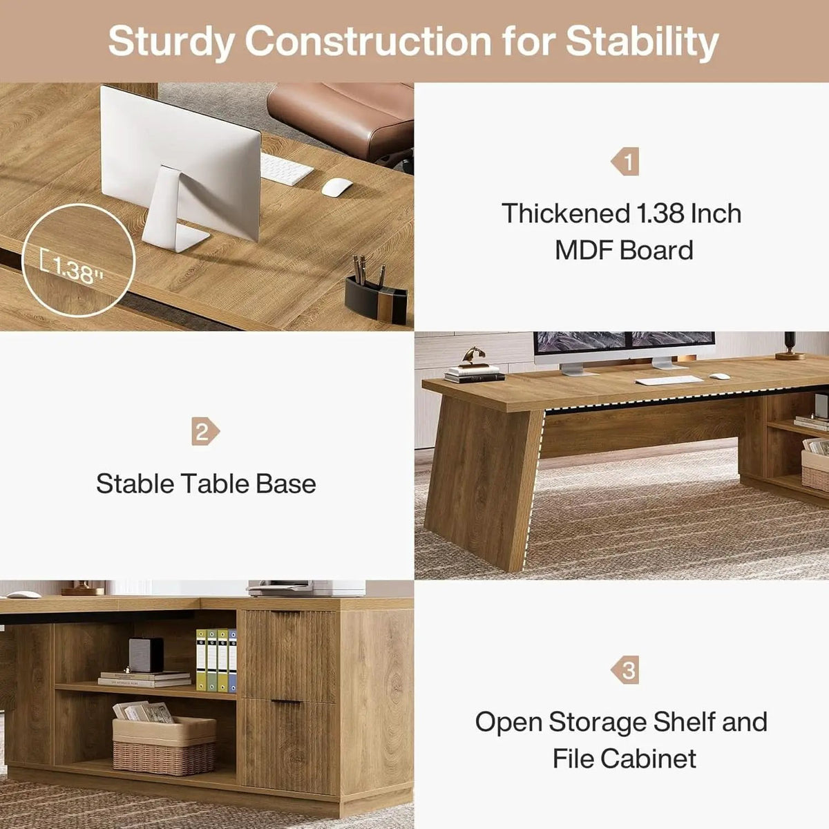 Executive Corner Desk 78 Inch Drawers Brown Shelves from PriceLows™