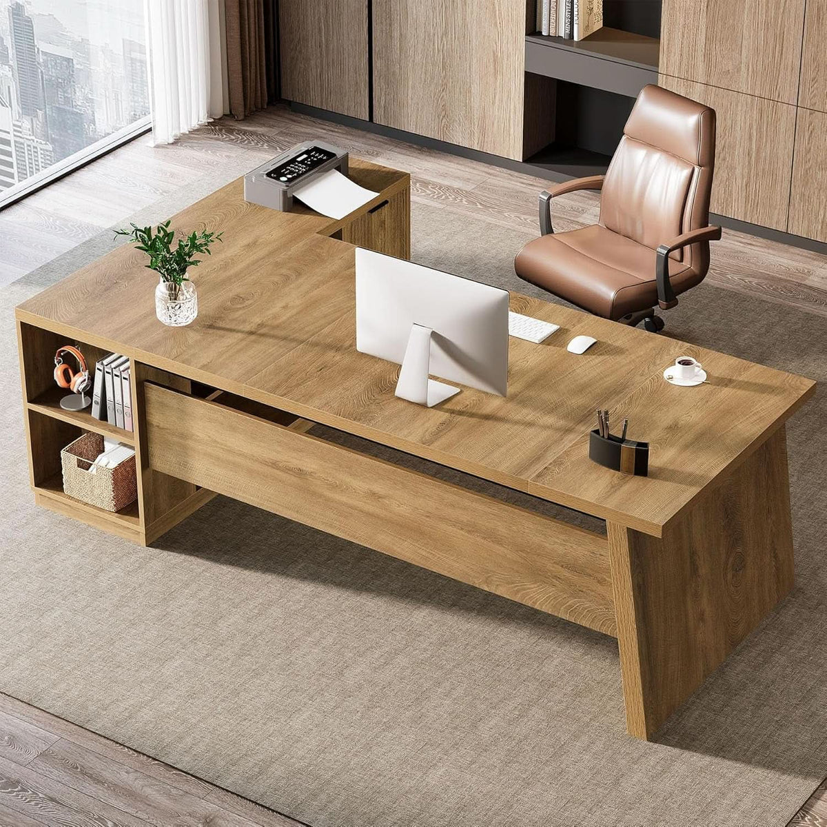 Executive Corner Desk 78 Inch Drawers Brown Shelves from PriceLows™