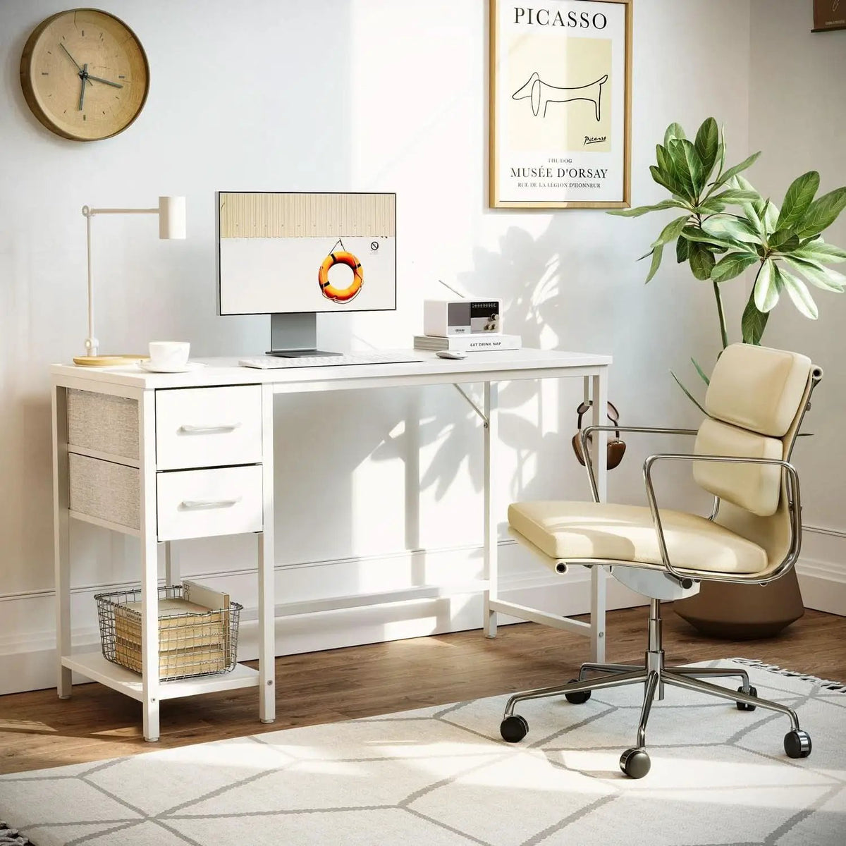 47 Inch White Ergonomic Executive Desk With Drawers from PriceLows™