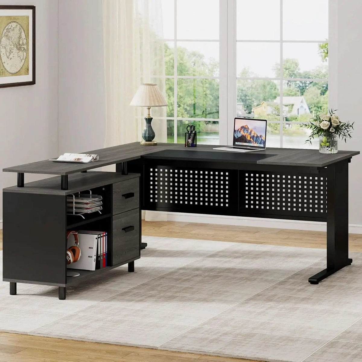 63 Inch Executive Desk With Integrated Cabinet Gray from PriceLows™