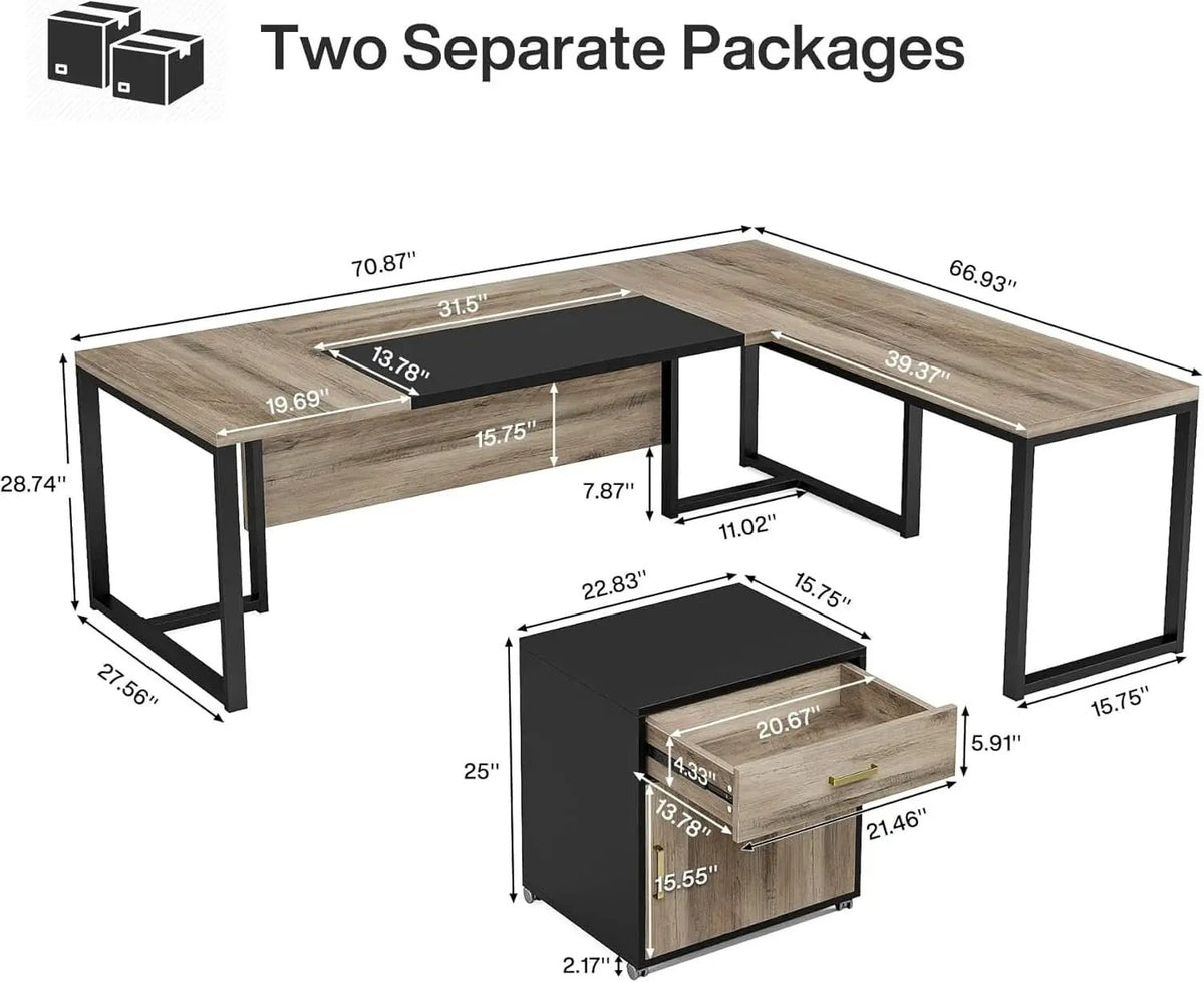 Extra Large L Shaped Executive Desk Retro Gray Drawer Cabinet from PriceLows™