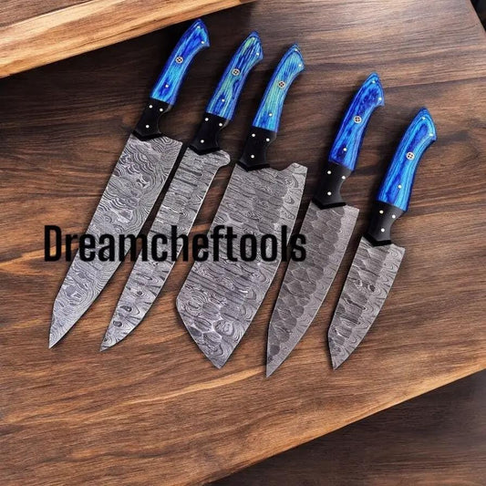 Exquisite Damascus Kitchen Knives Set - Pakka Wood Handles & Leather Sheath | Damascus Steel | Home Use | Home