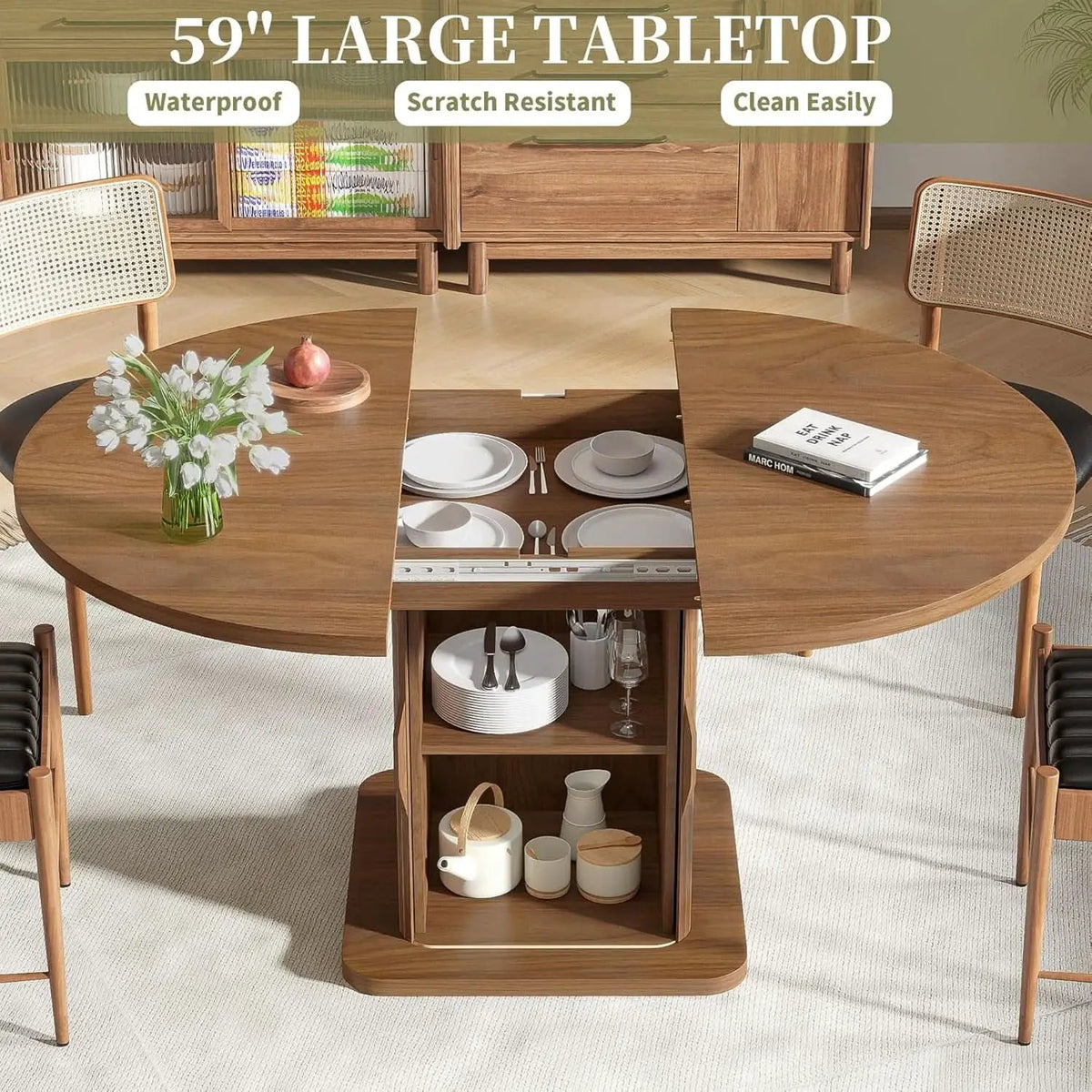 Extendable Round Dining Table 59 Inch Walnut Modern from PriceLows™