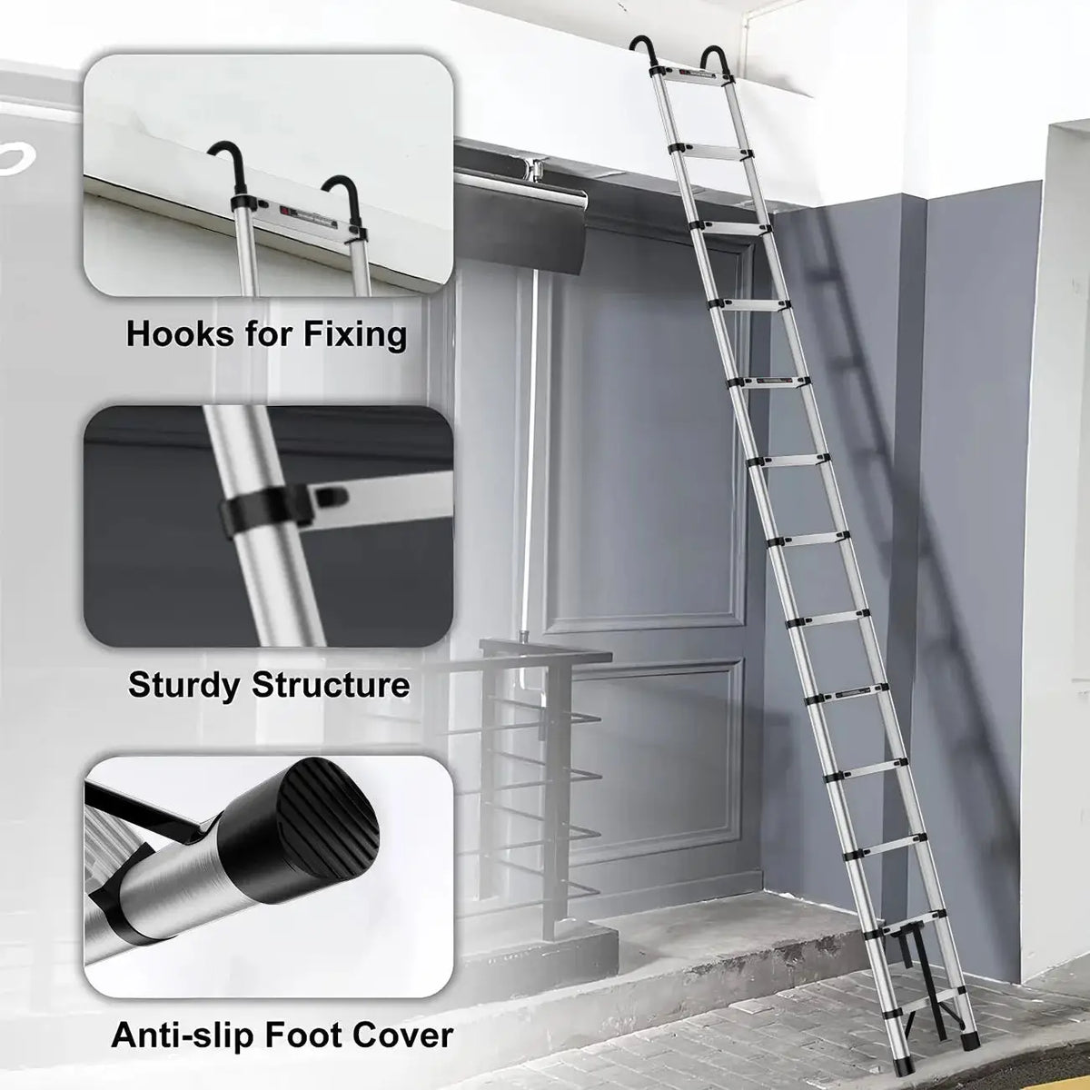 2.6M-5M Extension Ladder Stainless Steel Sturdy and Stable Anti-Slip Feet for Loft Arttic Outdoor EN131 150KG Load Capacity from PriceLows™