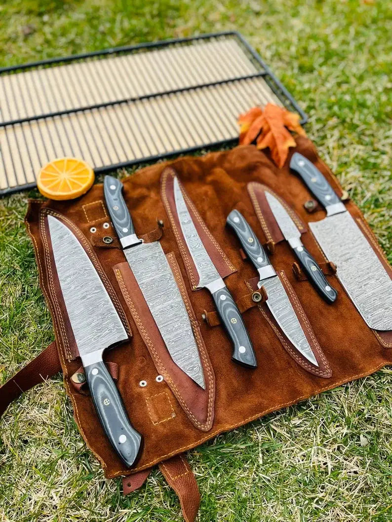 Luxury Custom Handmade Damascus Steel 5 Piece Kitchen Knife Set with G10 Handle | 5-Piece | Damascus Steel | Kitchen Knives Set