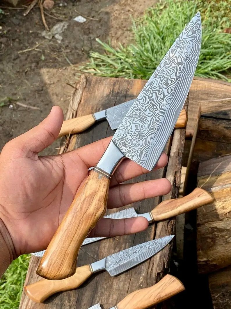 Sharp Kitchen Knife Set – 13" Damascus Steel Blade, Olivewood Handle & Leather Sheath from PriceLows™