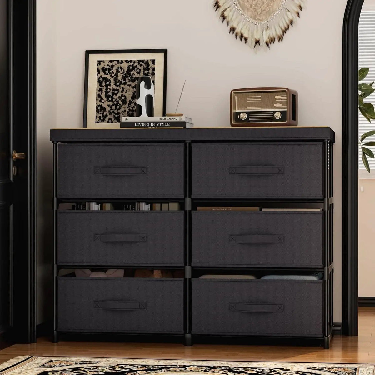 Fabric Dresser With Six Drawers Metal Frame And Wooden Top from PriceLows™