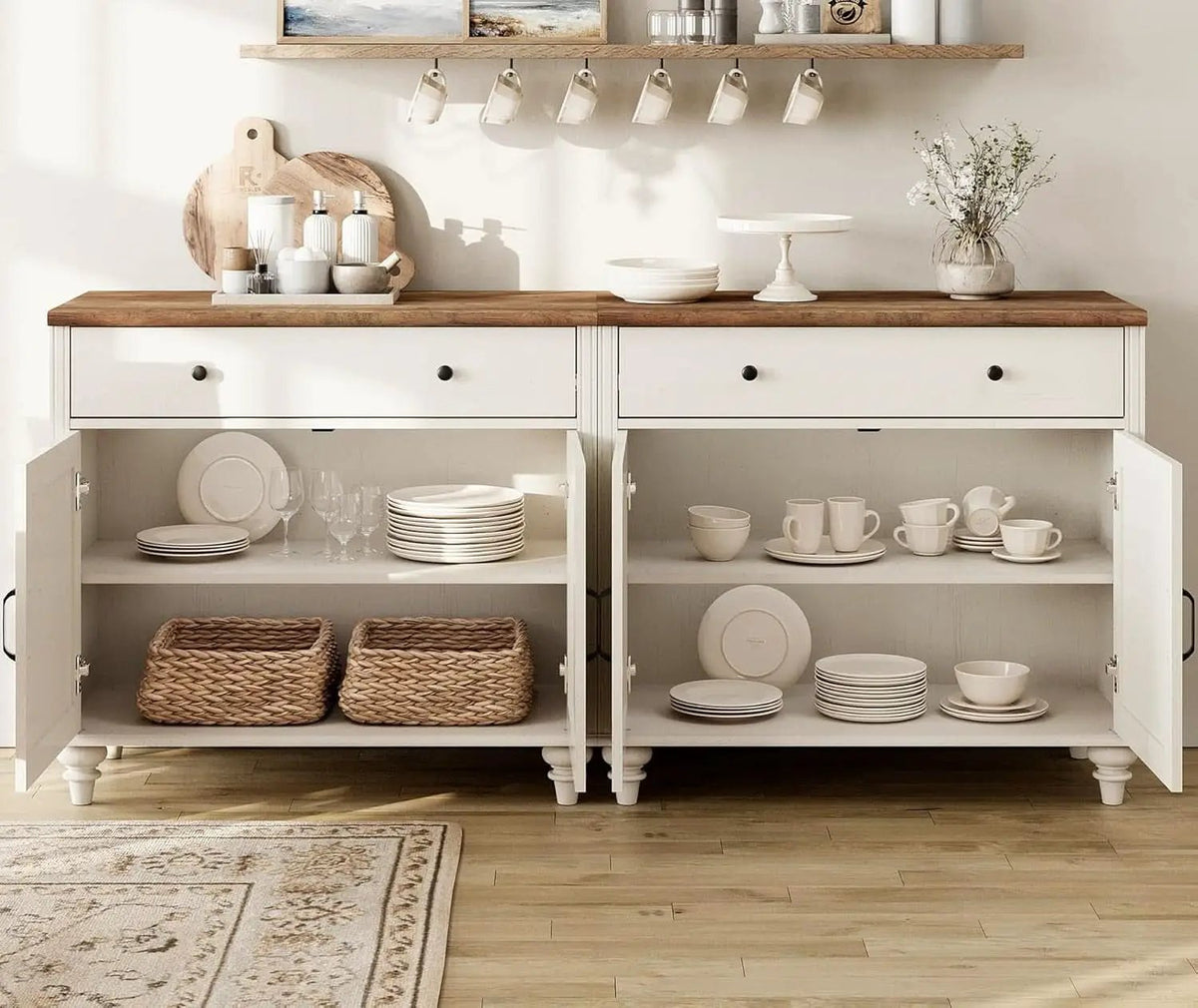 Farmhouse TV Stand For 75 Inch TV Off White 8 Doors from PriceLows™