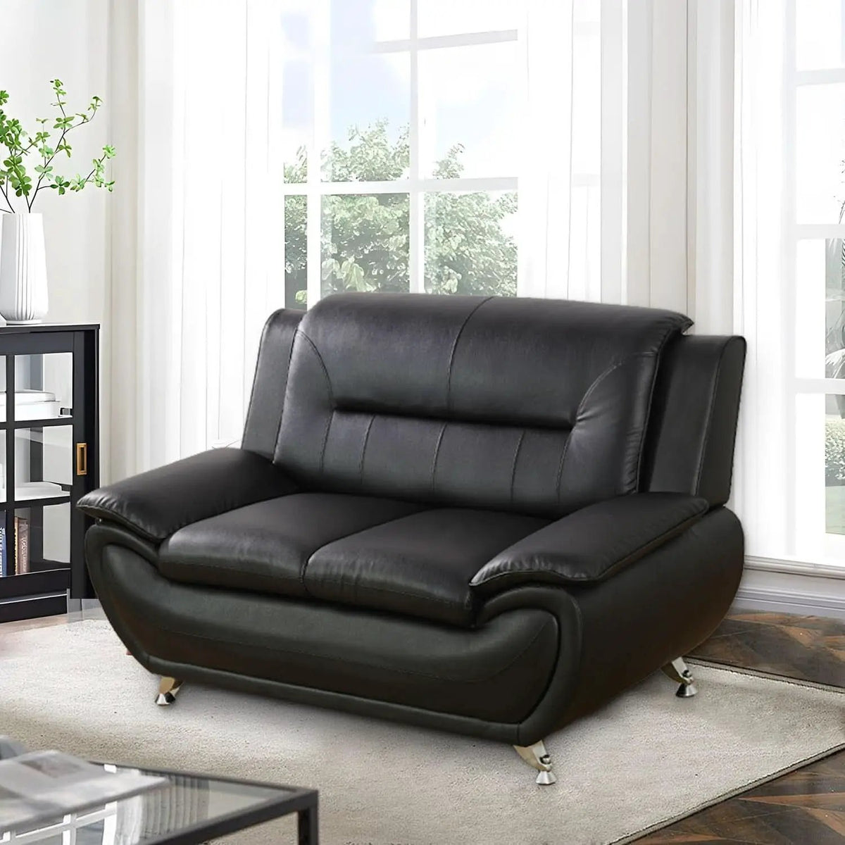 Faux Leather 3 Piece Modern Living Room Sofa Set Black from PriceLows™