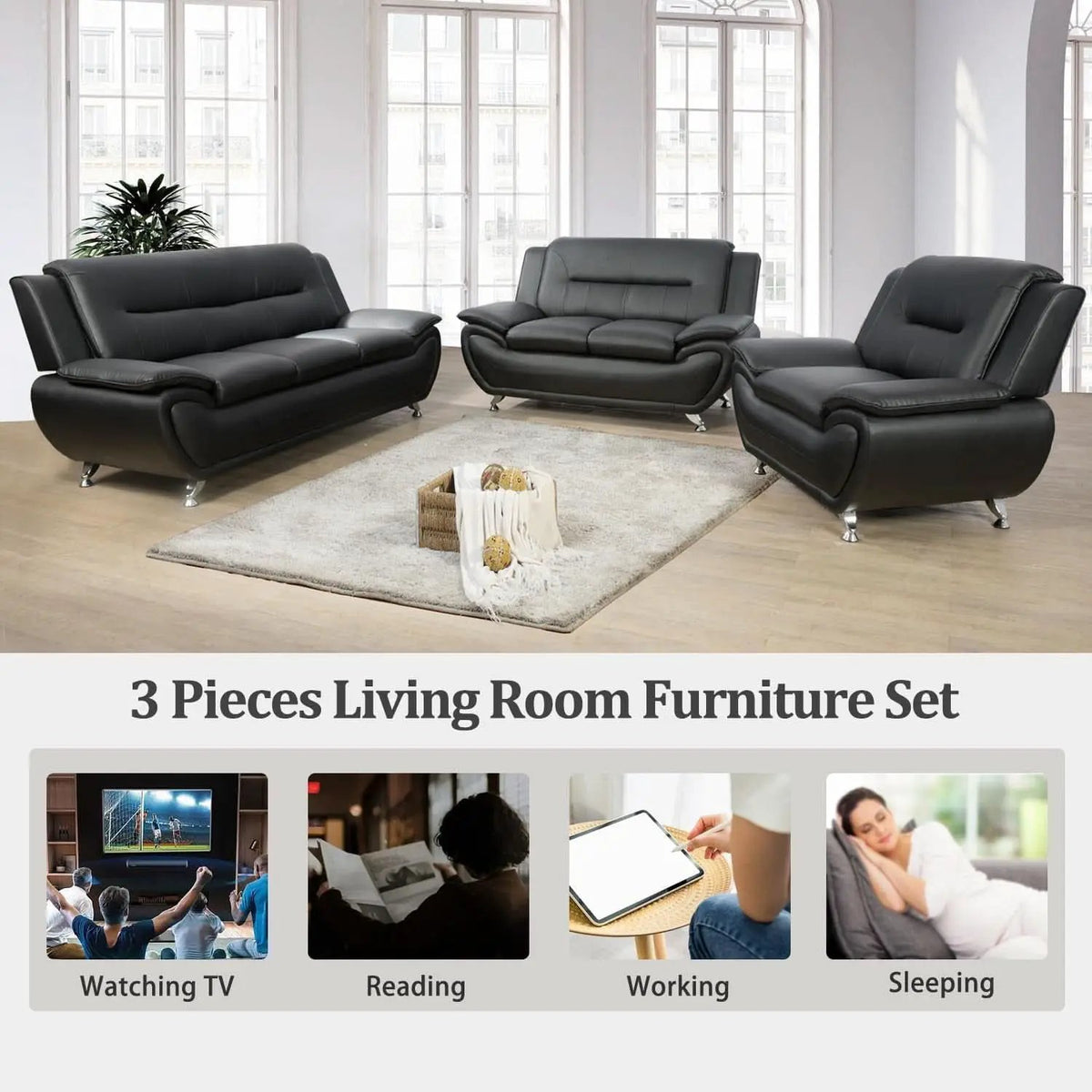 Faux Leather 3 Piece Modern Living Room Sofa Set Black from PriceLows™