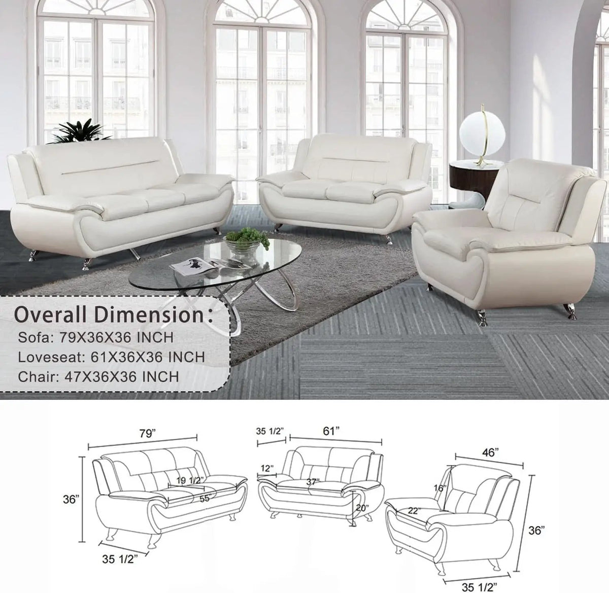 Faux Leather 3 Piece Modern Living Room Sofa Set White from PriceLows™