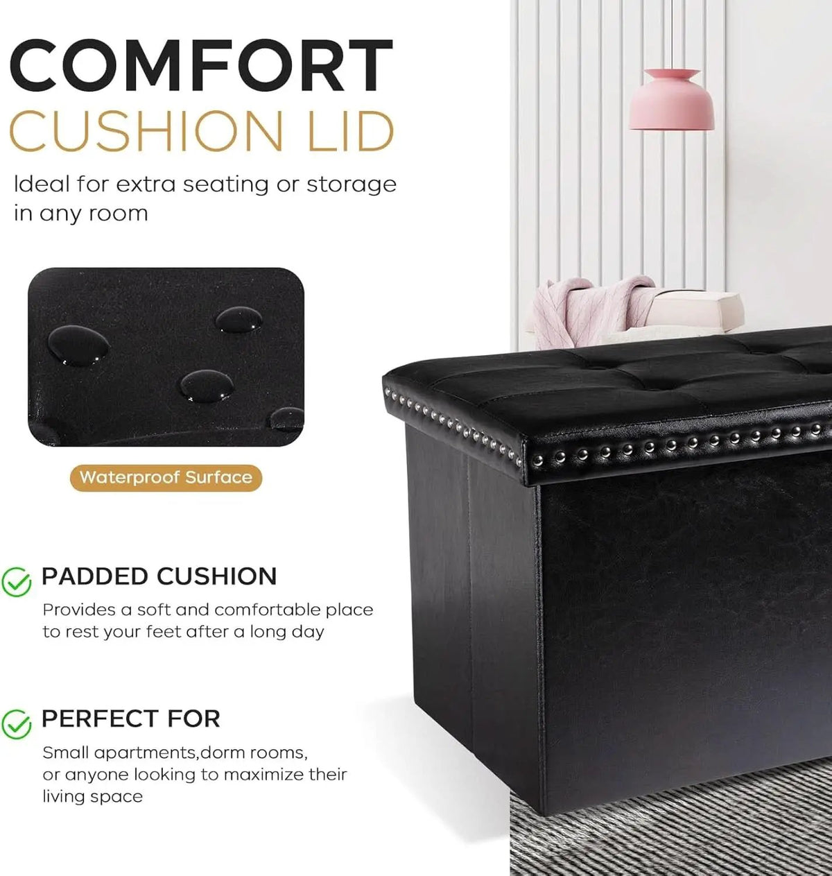 Faux Leather Folding Storage Ottoman 30 Inch Size Black from PriceLows™