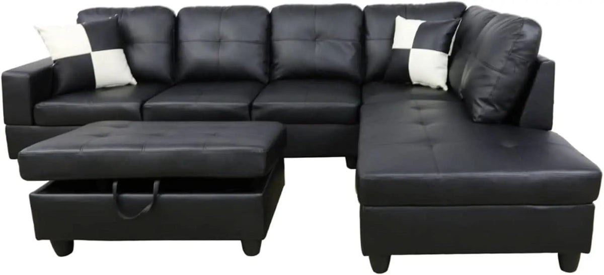 Faux Leather L Shaped Sectional Sofa Black 103 Inch Wide With Ottoman from PriceLows™