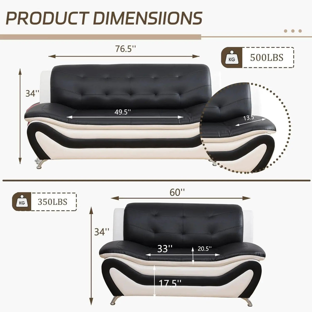 Faux Leather Sofa And Loveseat Set 2 Piece White And Black from PriceLows™