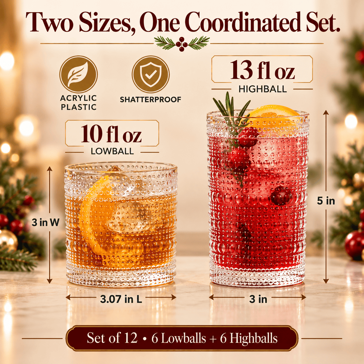 Barcelona Acrylic Hobnail Lowball & Highball Glassware | 13 oz | Set of 12 | Acrylic