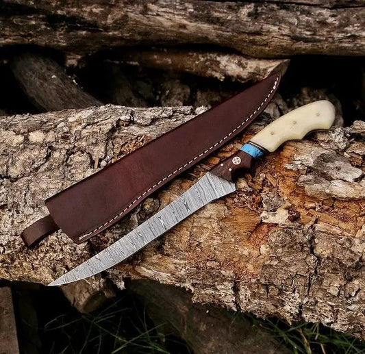 Fishing Fillet & Boning Knife 8" Handmade Damascus Steel Blade with Camel Bone | 8 Inch | Damascus Steel | damascus fillet knife
