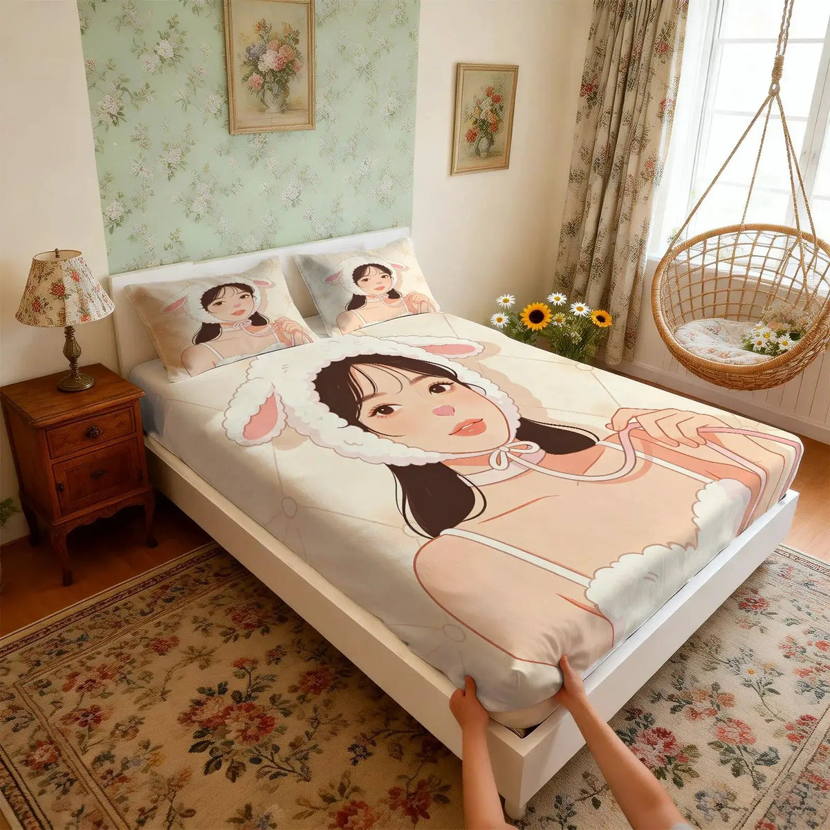 Sweet Animal Ear Girl Cartoon Print Fitted Sheet Set, Elastic Band Bed Cover, Essential for Bedroom Makeover & Gifts from PriceLows™
