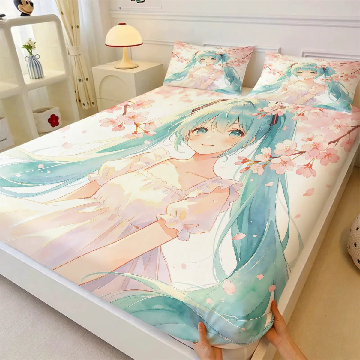 3Pcs Hatsune Miku Sakura Cherry Blossom Fitted Sheet Set Watercolor Anime Bed Cover with Pillowcases Teens Fans Room Decor Gift from PriceLows™