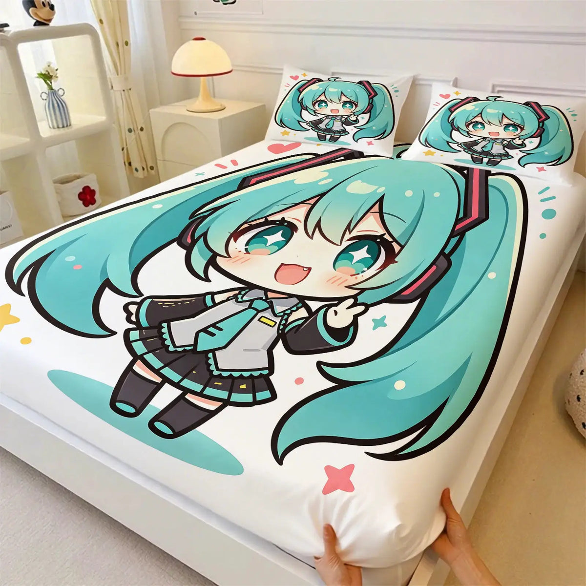 3Pcs Hatsune Miku Sakura Cherry Blossom Fitted Sheet Set Watercolor Anime Bed Cover with Pillowcases Teens Fans Room Decor Gift from PriceLows™