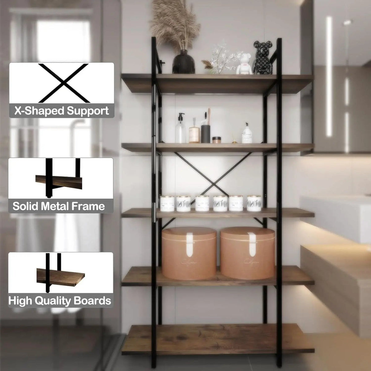 Five Tier Bookshelf Organizer Rustic Brown Metal Shelving from PriceLows™